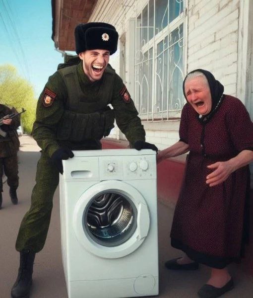 🇷🇺🇺🇦😂 Именно так, по версии нейросети, выглядят злые русские солдаты, крадущие стиральные машинки у мирных хохлушек.…