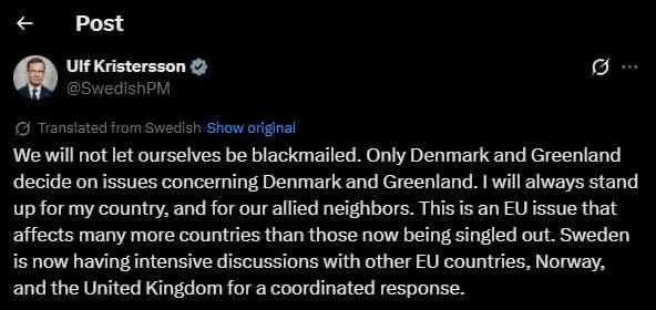 🇺🇸 🇪🇺 Трамп ввел пошлины в размере 10% против стран Европы, отправивших войска в Гренландию